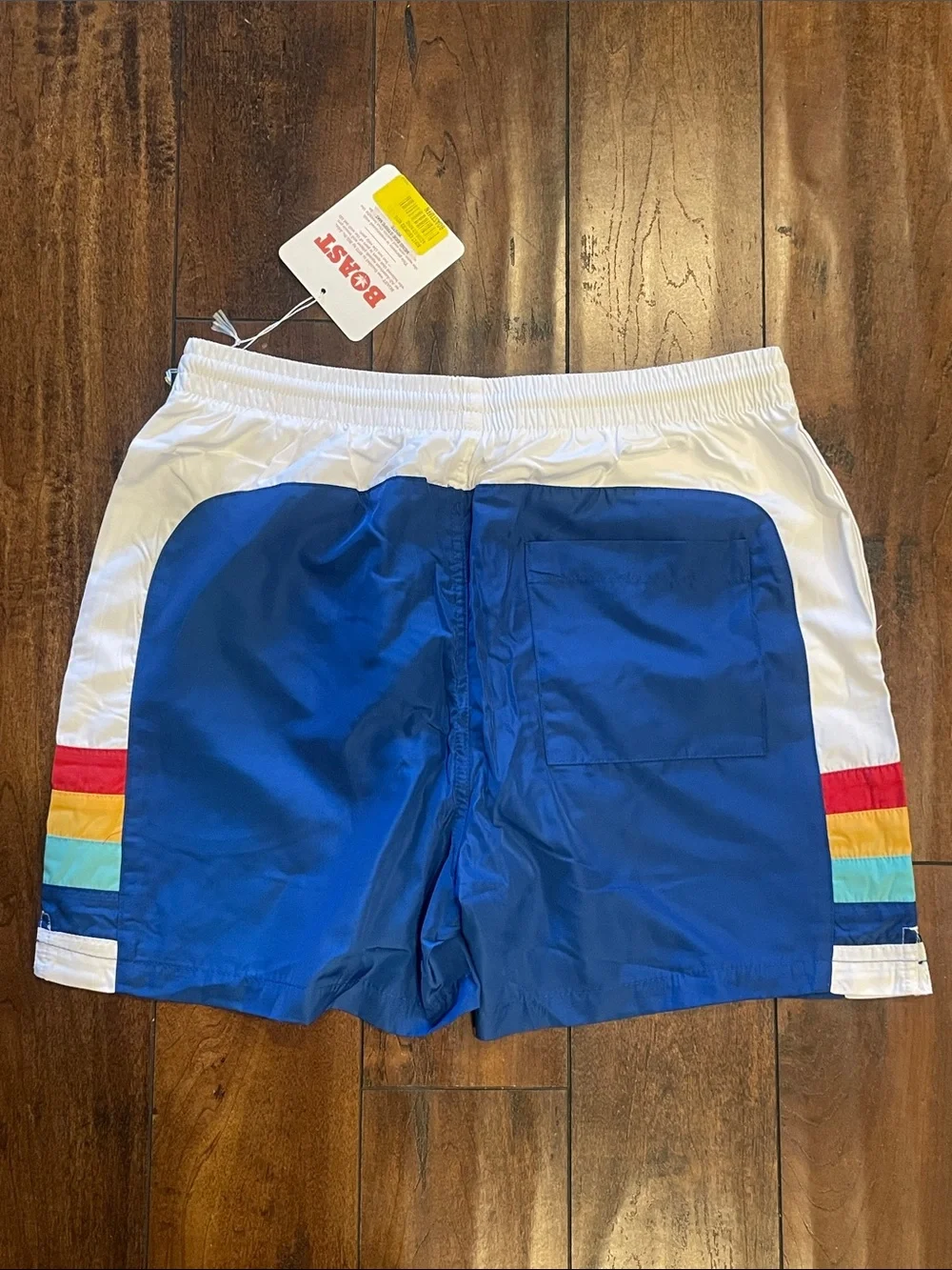 BOAST Men's Blue Athletic Swim Shorts with Rainbow Stripe Accent